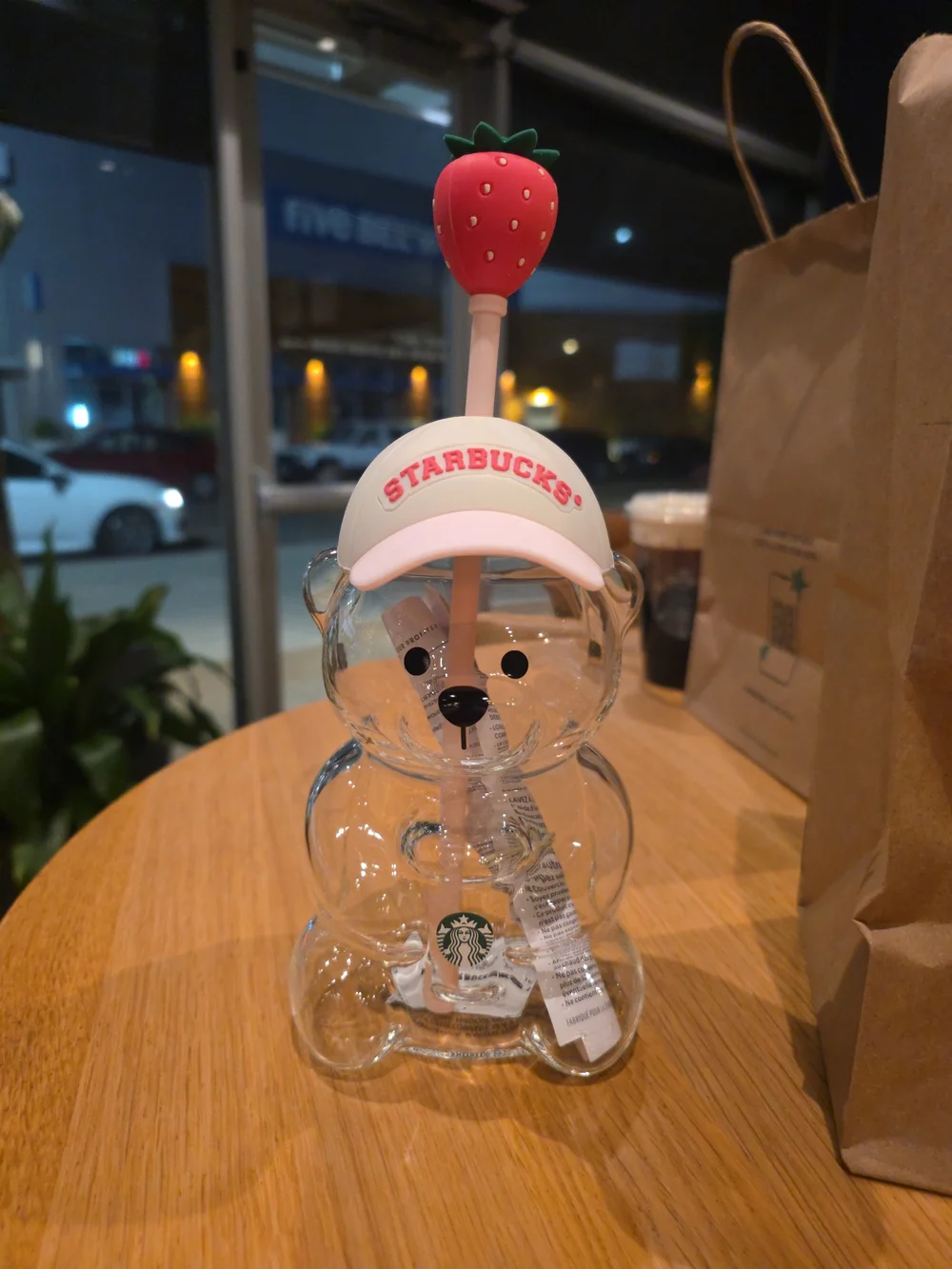 Clear Bear Straw Bottle with Pink Cap and Red Strawberry Topper - Starbucks